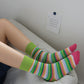 3 Pairs Cotton Crew Socks with Retro Colored Striped Patterns and Comfortable Classic