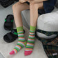 3 Pairs Cotton Crew Socks with Retro Colored Striped Patterns and Comfortable Classic