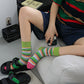 3 Pairs Cotton Crew Socks with Retro Colored Striped Patterns and Comfortable Classic