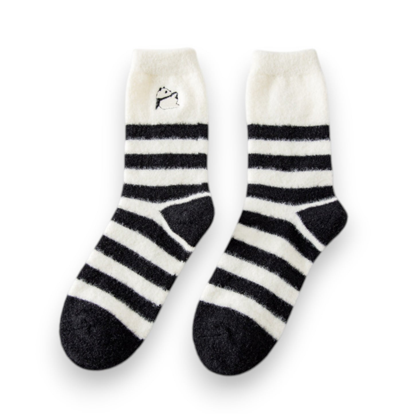 3-Pair Plush Home Socks Striped Panda Design Cozy Crew Style for Everyday Comfort