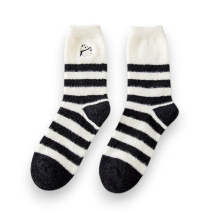 3-Pair Plush Home Socks Striped Panda Design Cozy Crew Style for Everyday Comfort
