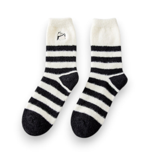 3-Pair Plush Home Socks Striped Panda Design Cozy Crew Style for Everyday Comfort