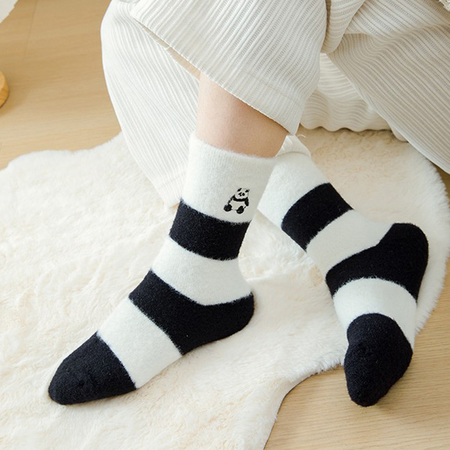 3-Pair Plush Home Socks Striped Panda Design Cozy Crew Style for Everyday Comfort