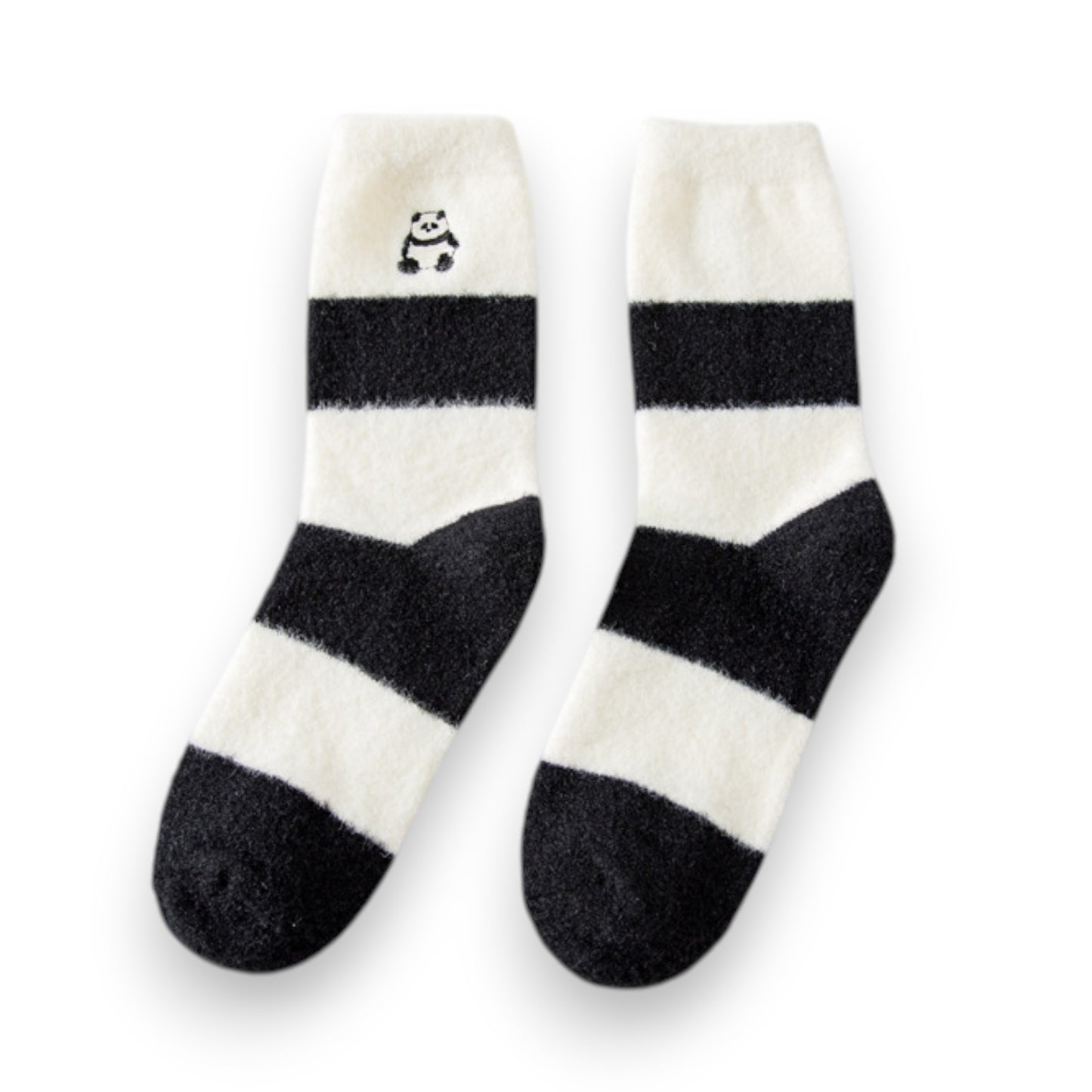 3-Pair Plush Home Socks Striped Panda Design Cozy Crew Style for Everyday Comfort