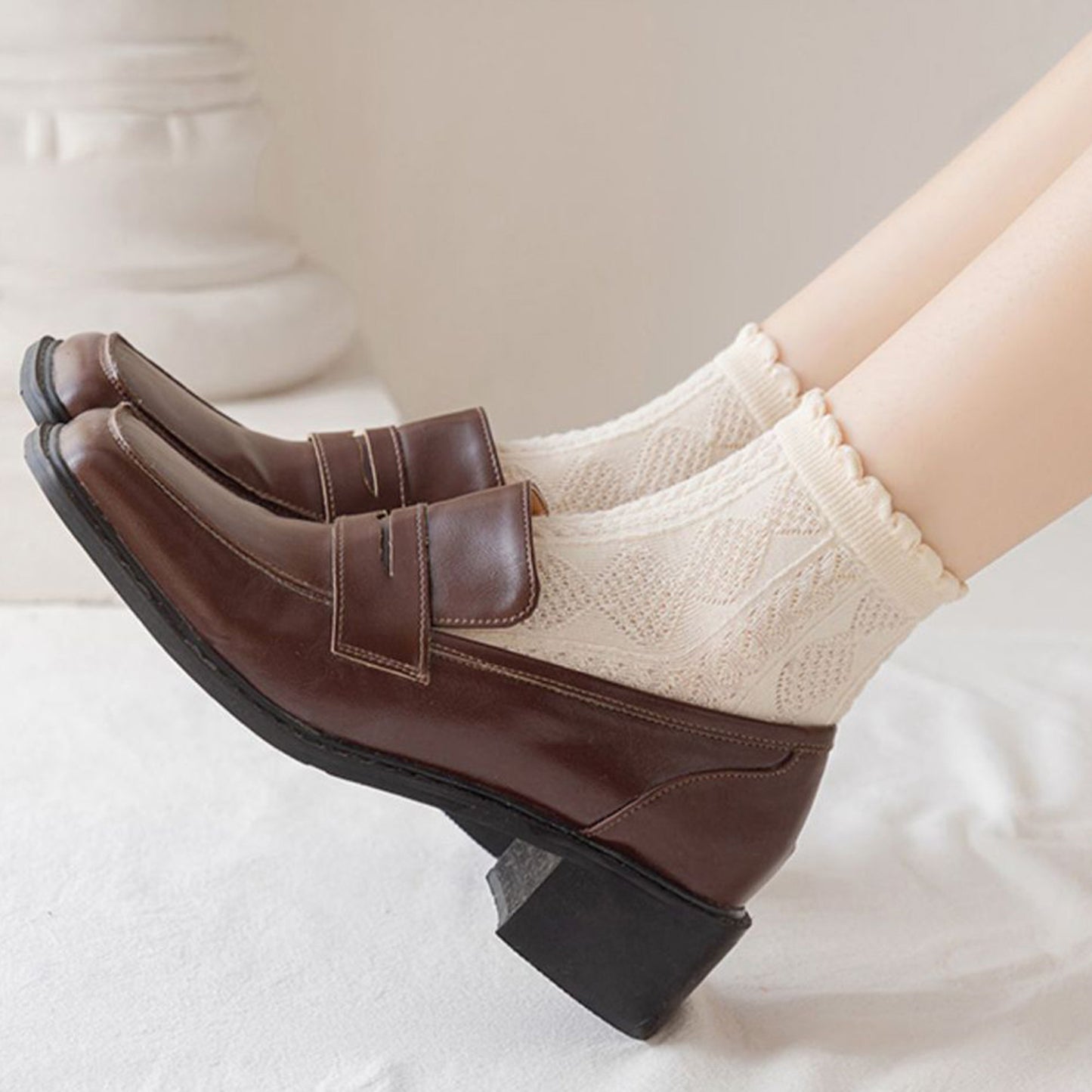 3 Pairs Textured Diamond Socks with Knitted Pattern and Scalloped Trim