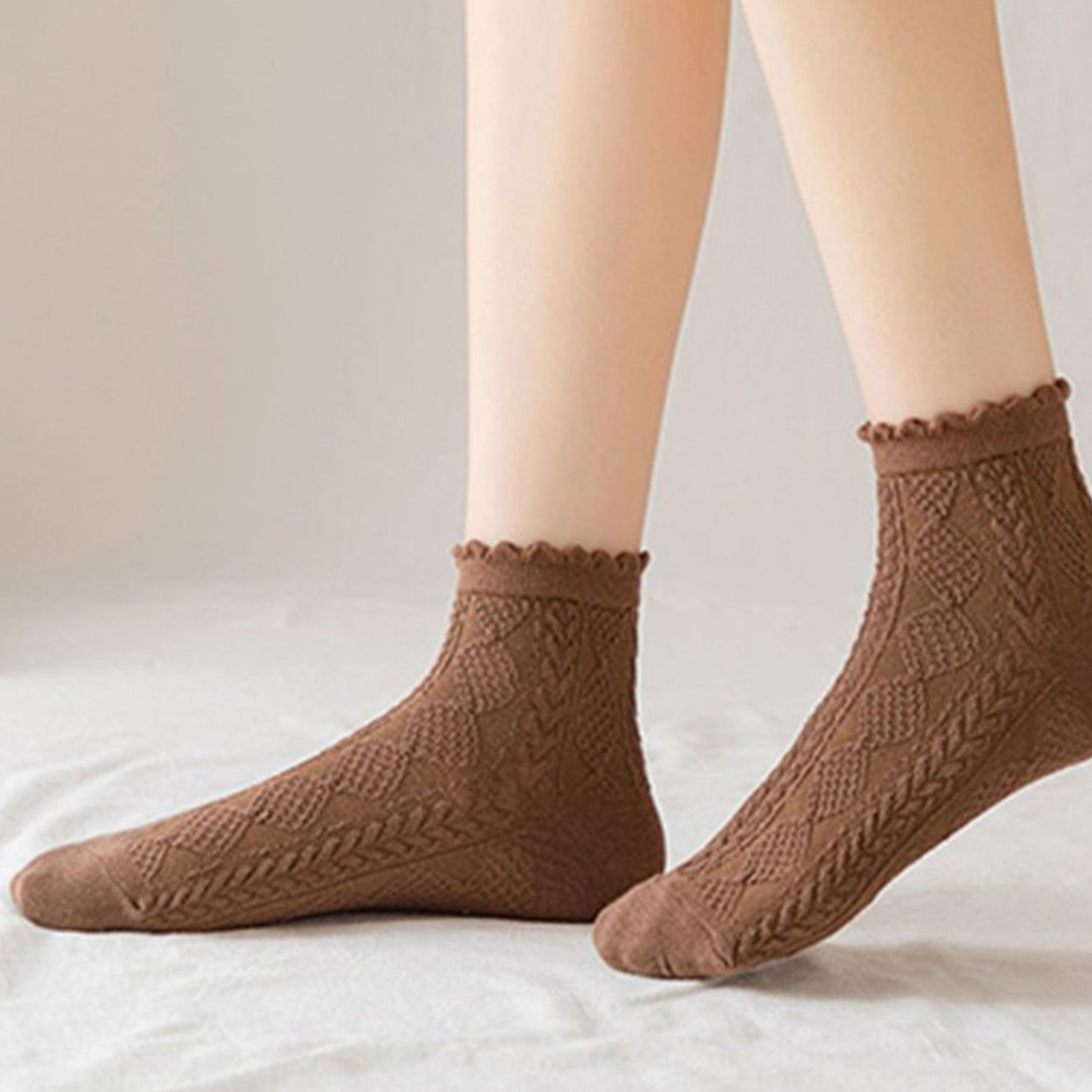 3 Pairs Textured Diamond Socks with Knitted Pattern and Scalloped Trim