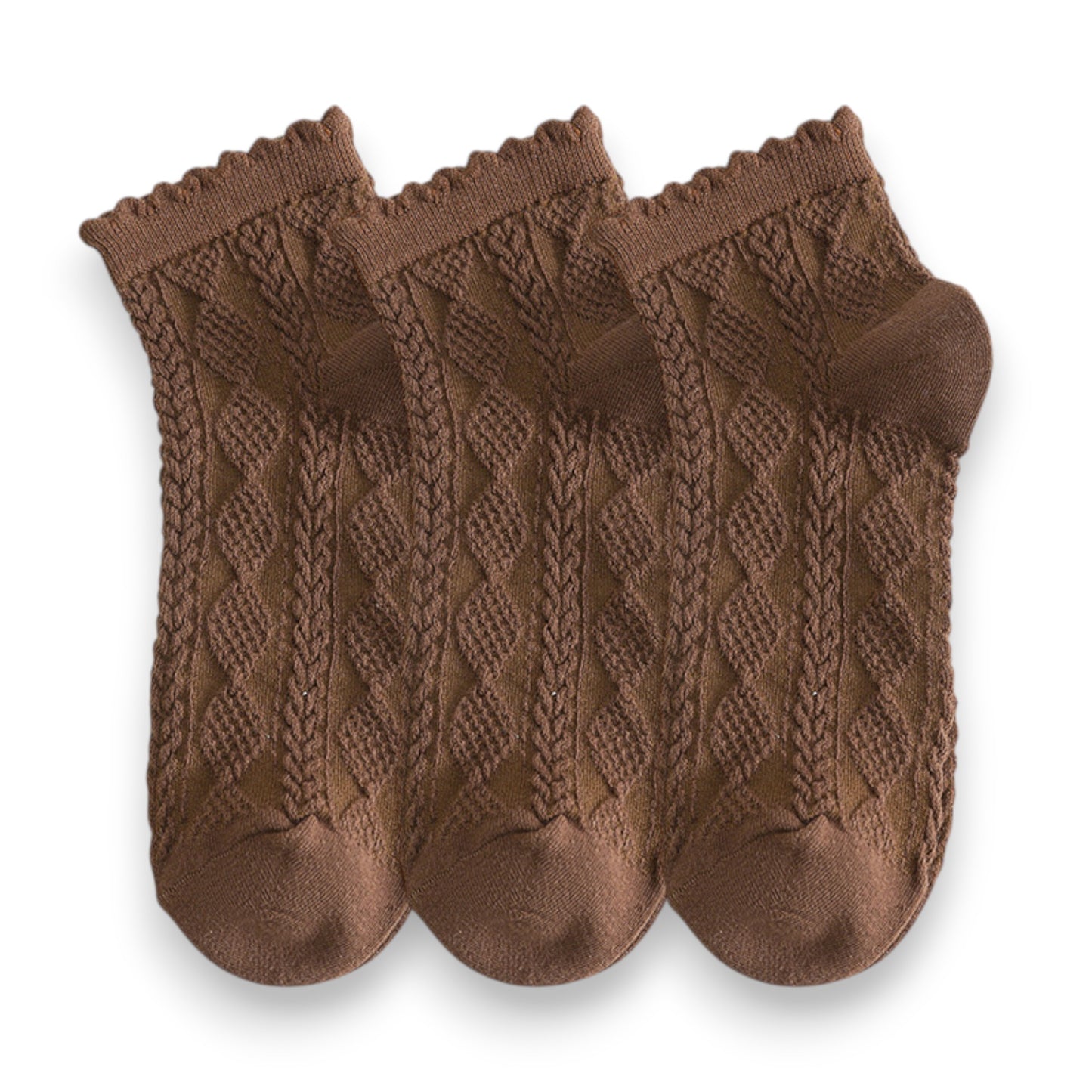 3 Pairs Textured Diamond Socks with Knitted Pattern and Scalloped Trim