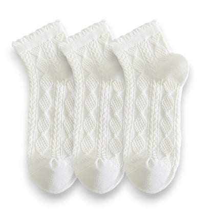 3 Pairs Textured Diamond Socks with Knitted Pattern and Scalloped Trim