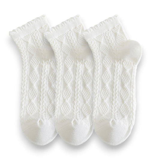 3 Pairs Textured Diamond Socks with Knitted Pattern and Scalloped Trim