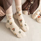 3-Pair Cotton Crew Socks Set with Checkered and Flower Textured Knit Patterns