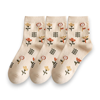 3-Pair Cotton Crew Socks Set with Checkered and Flower Textured Knit Patterns