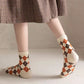 3-Pair Cotton Crew Socks Set with Checkered and Flower Textured Knit Patterns