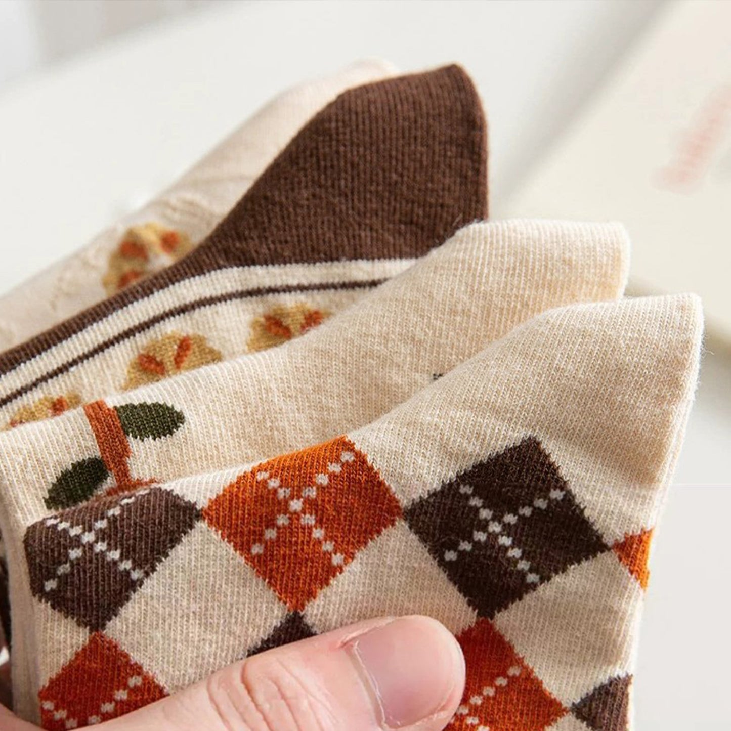 3-Pair Cotton Crew Socks Set with Checkered and Flower Textured Knit Patterns