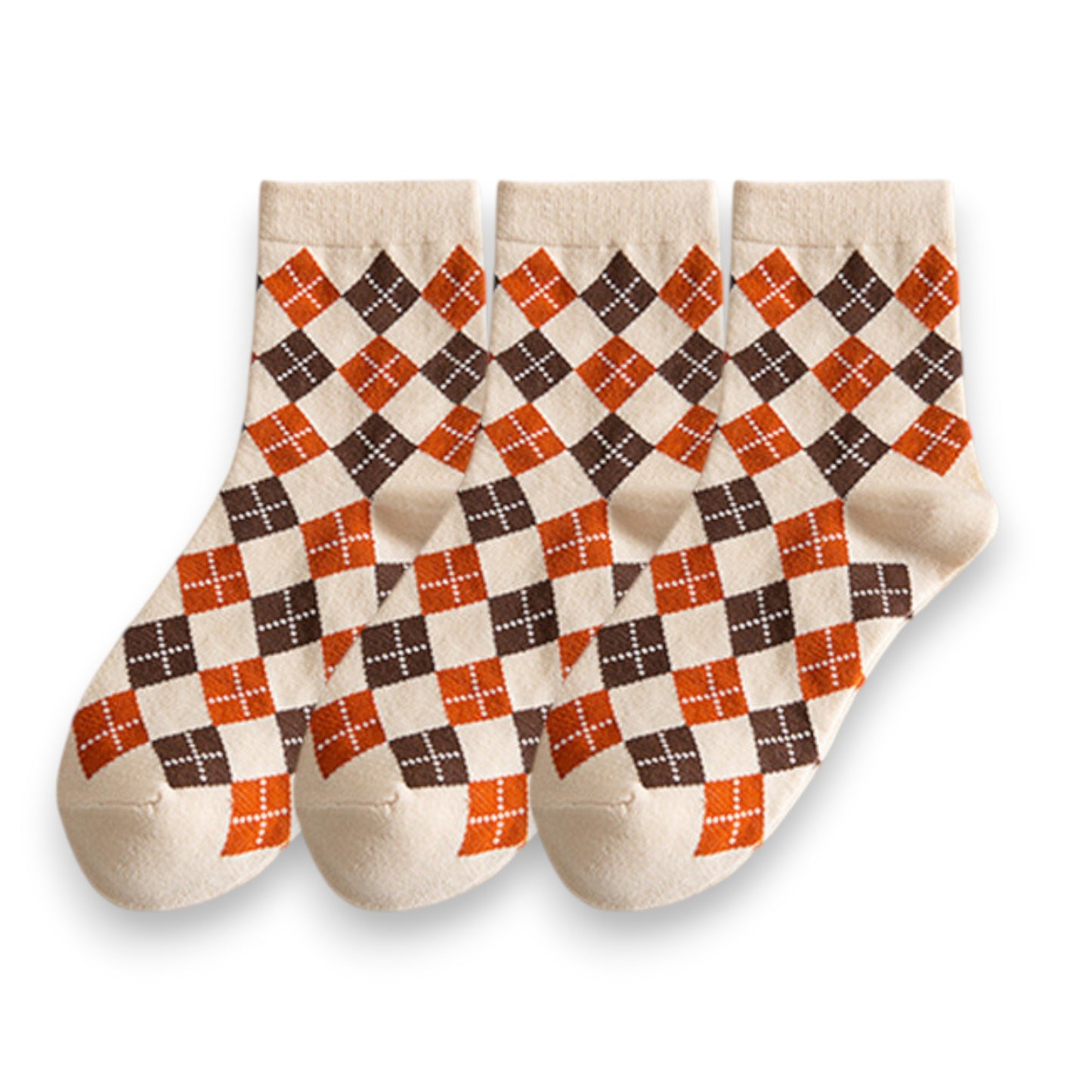 3-Pair Cotton Crew Socks Set with Checkered and Flower Textured Knit Patterns