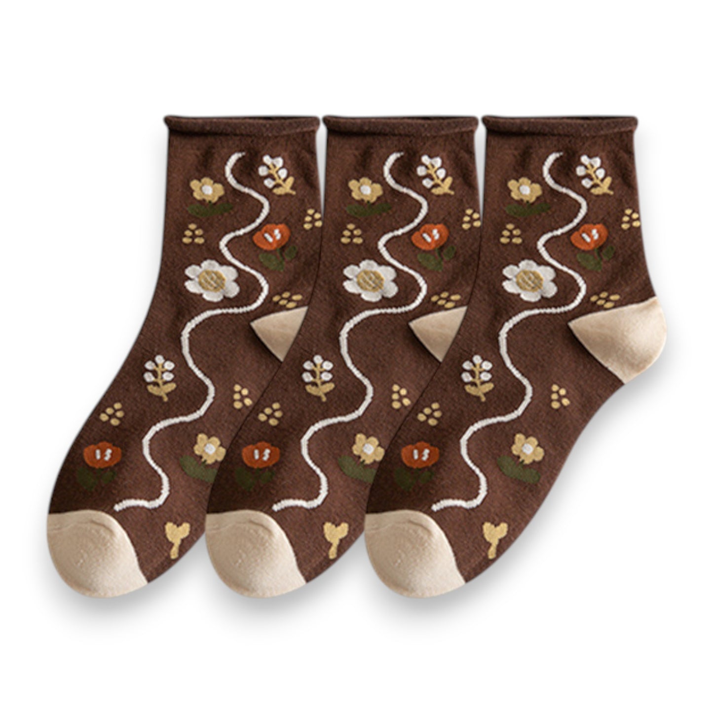 3-Pair Cotton Crew Socks Set with Checkered and Flower Textured Knit Patterns