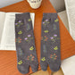 3 Pairs Floral Patterned Split-Toe Socks Soft Cotton Stretch Knit Crew Style