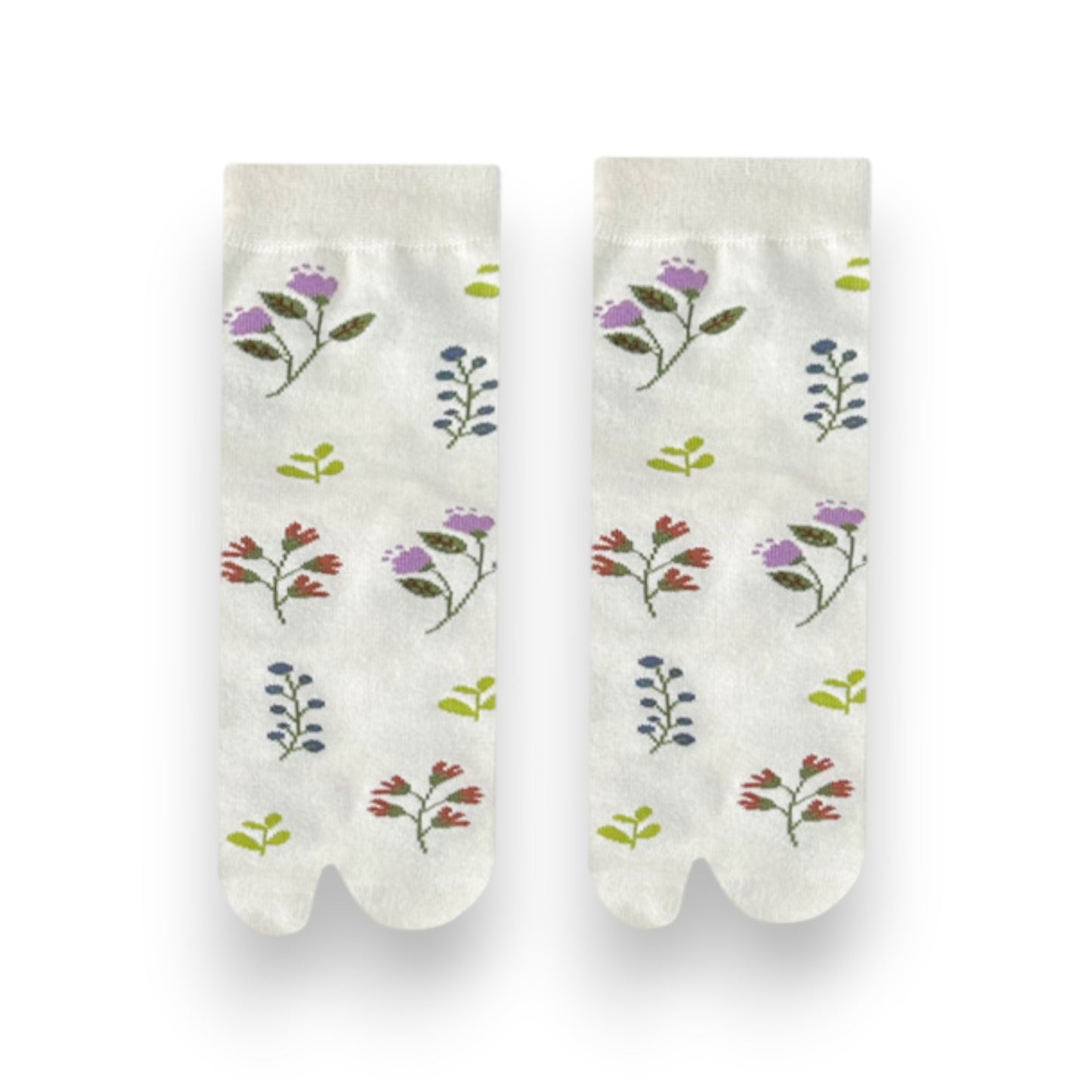 3 Pairs Floral Patterned Split-Toe Socks Soft Cotton Stretch Knit Crew Style