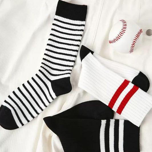 3 Pack Crew Socks Set Ribbed Knit Athletic Stripe and Classic Pattern Casual Everyday Wear