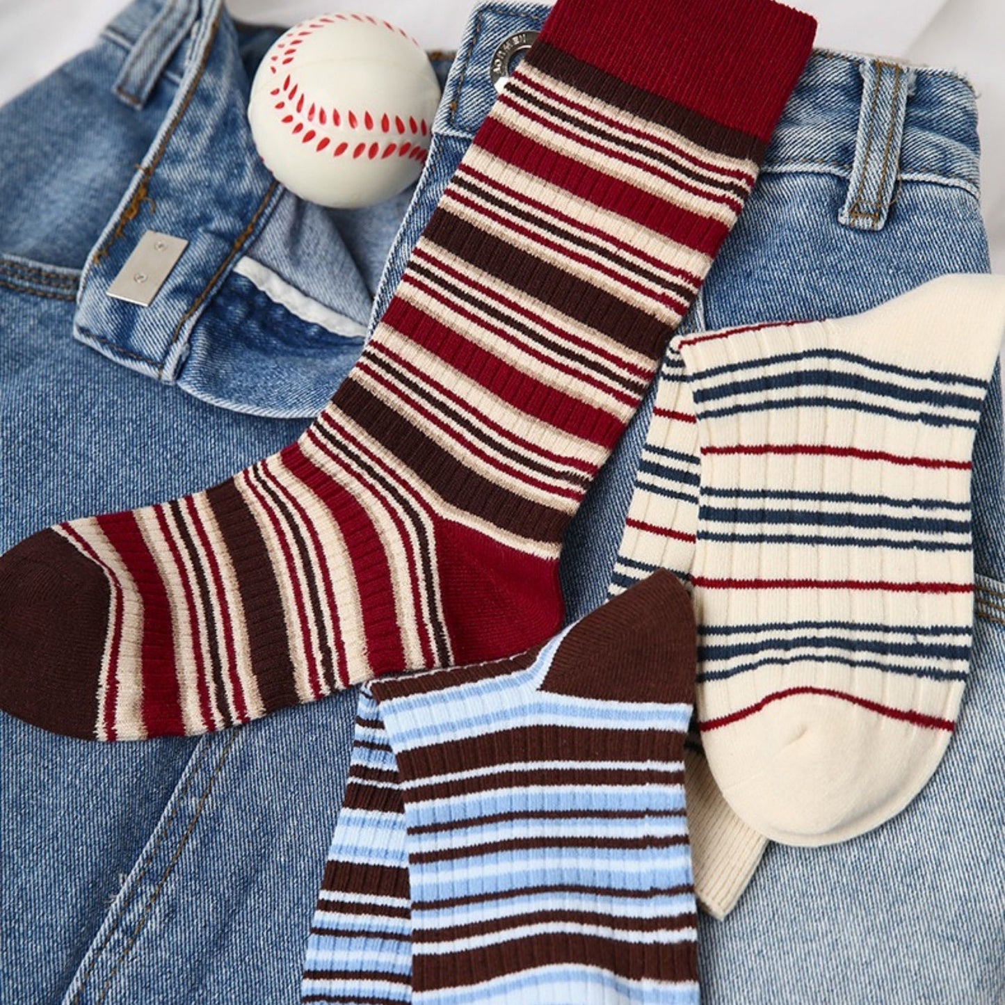 3 Pack Crew Socks Set Ribbed Knit Athletic Stripe and Classic Pattern Casual Everyday Wear