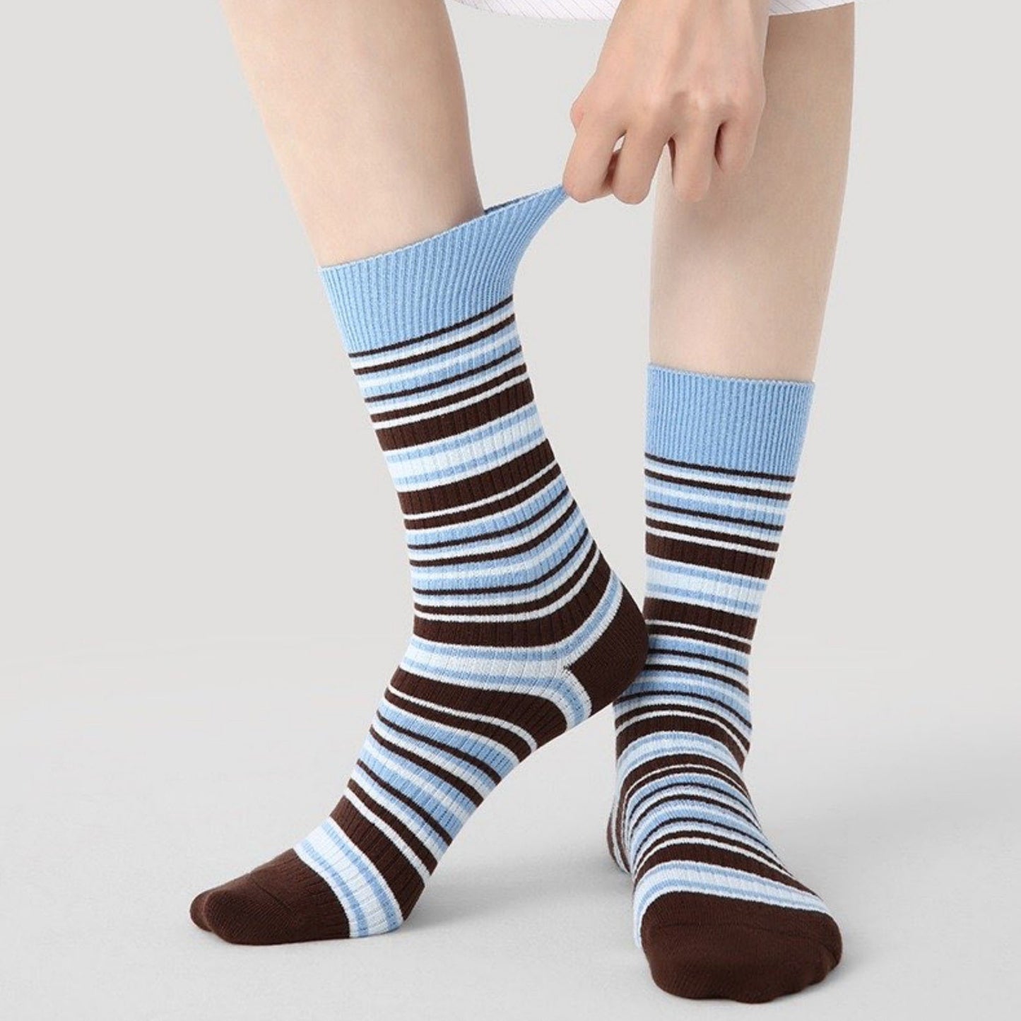 3 Pack Crew Socks Set Ribbed Knit Athletic Stripe and Classic Pattern Casual Everyday Wear