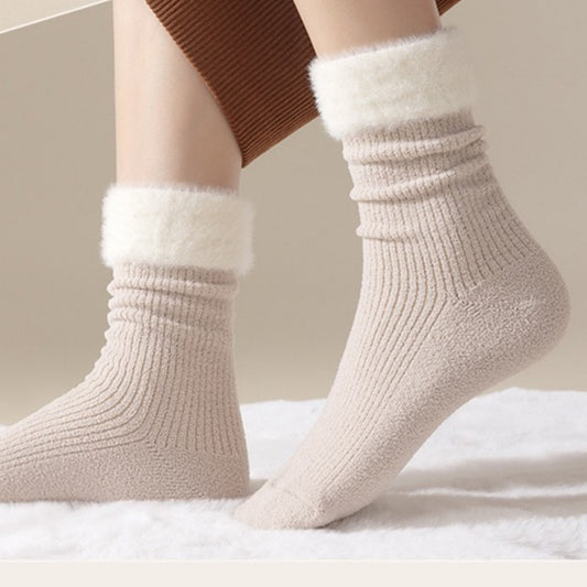 3-Pair Plush Cuffed Crew Socks Soft Knit Ribbed Design Comfortable Everyday Wear