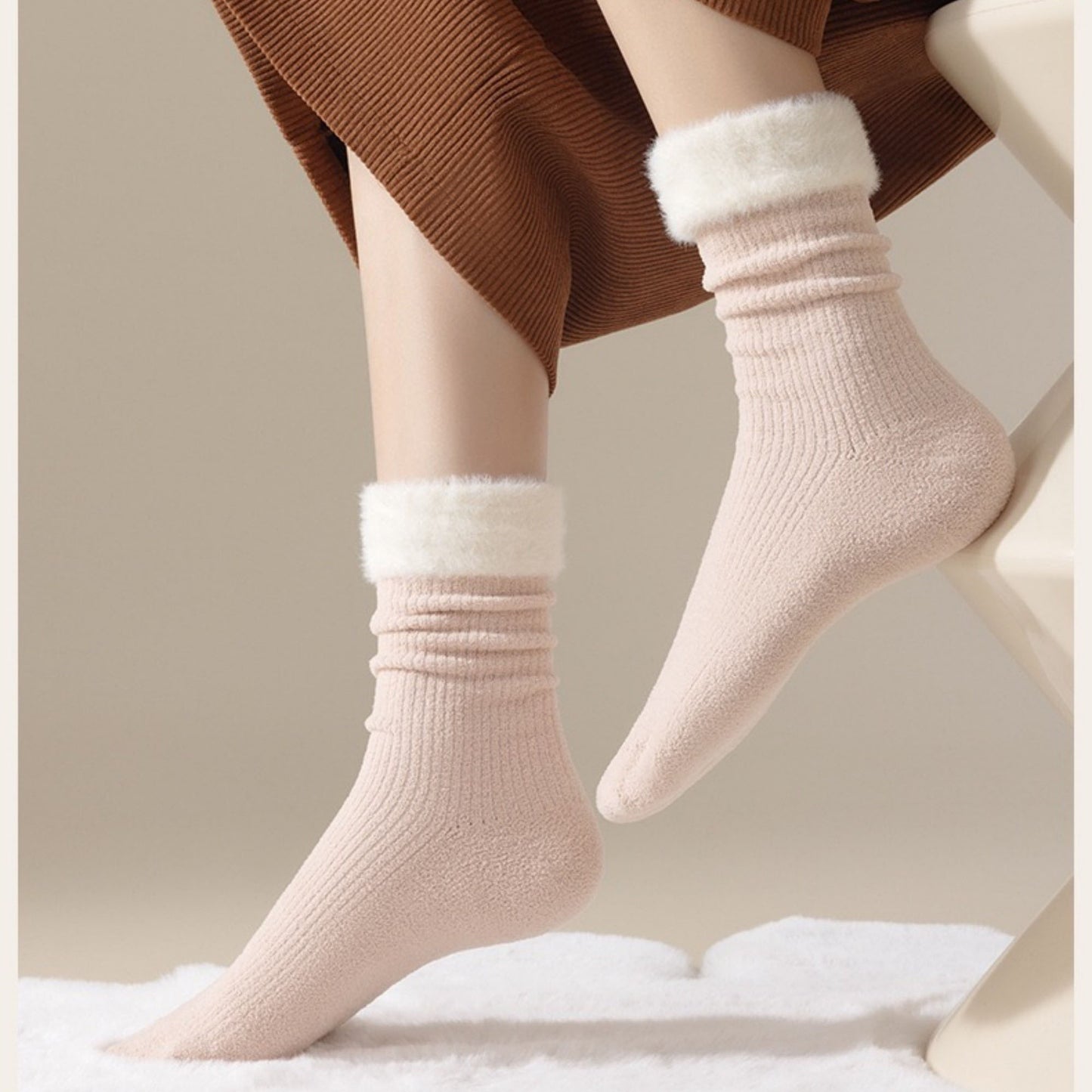 3-Pair Plush Cuffed Crew Socks Soft Knit Ribbed Design Comfortable Everyday Wear