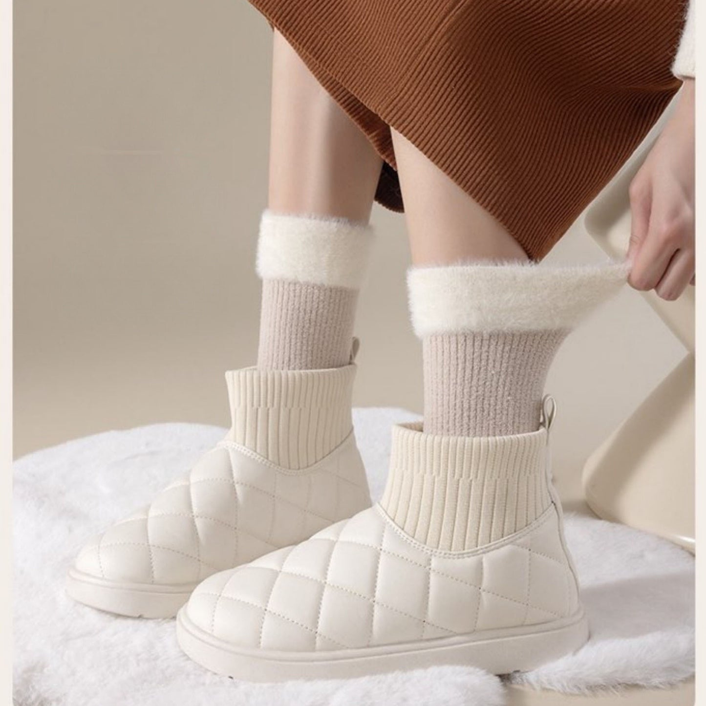 3-Pair Plush Cuffed Crew Socks Soft Knit Ribbed Design Comfortable Everyday Wear