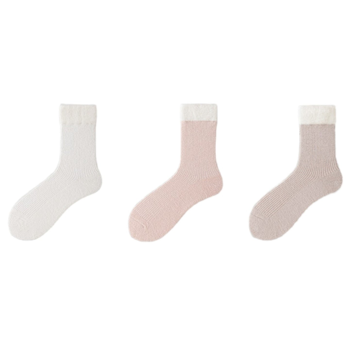 3-Pair Plush Cuffed Crew Socks Soft Knit Ribbed Design Comfortable Everyday Wear