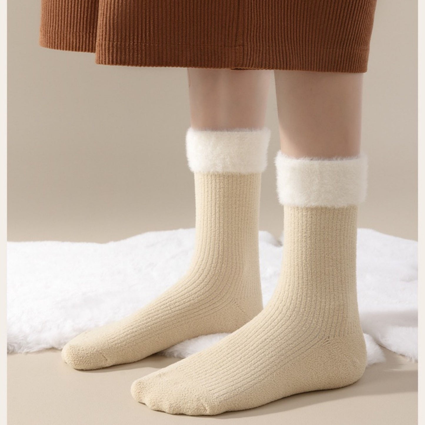 3-Pair Plush Cuffed Crew Socks Soft Knit Ribbed Design Comfortable Everyday Wear