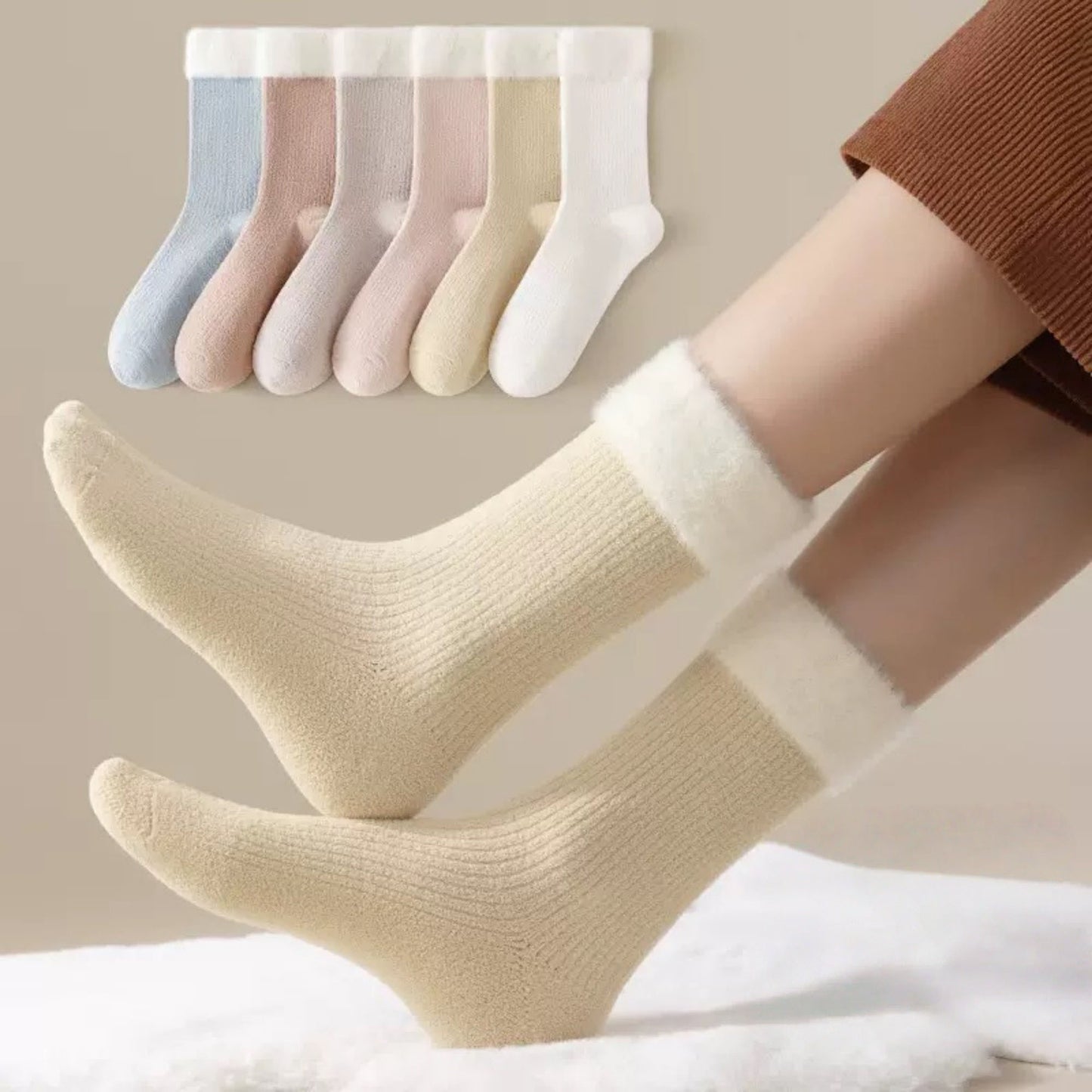 3-Pair Plush Cuffed Crew Socks Soft Knit Ribbed Design Comfortable Everyday Wear