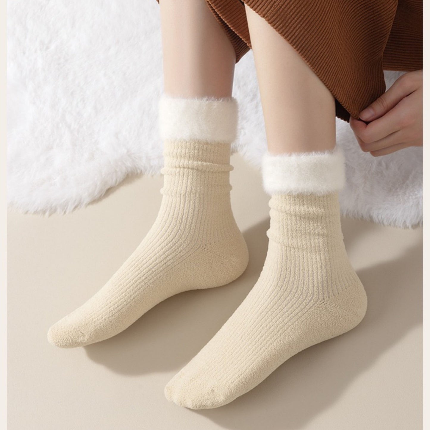 3-Pair Plush Cuffed Crew Socks Soft Knit Ribbed Design Comfortable Everyday Wear