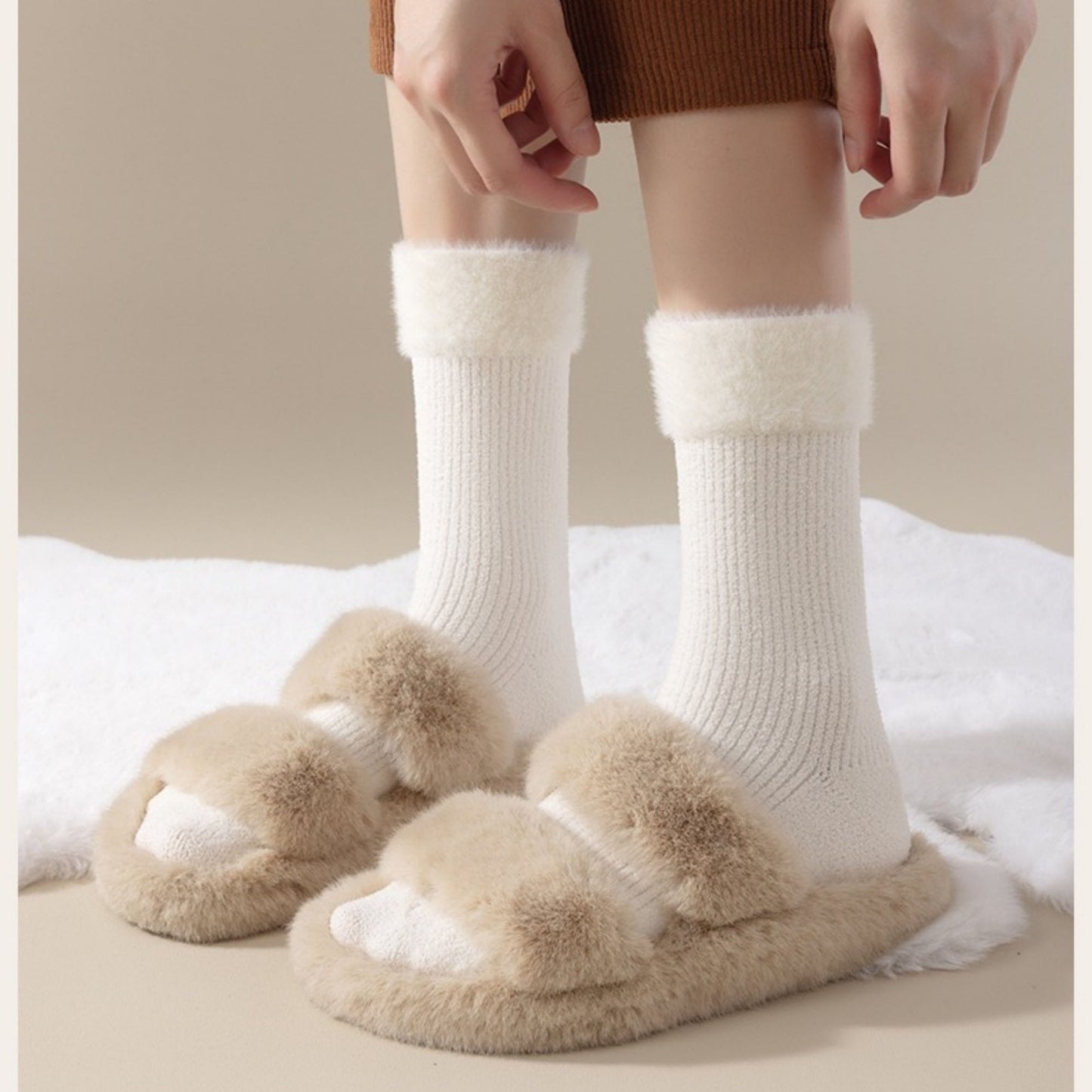 3-Pair Plush Cuffed Crew Socks Soft Knit Ribbed Design Comfortable Everyday Wear