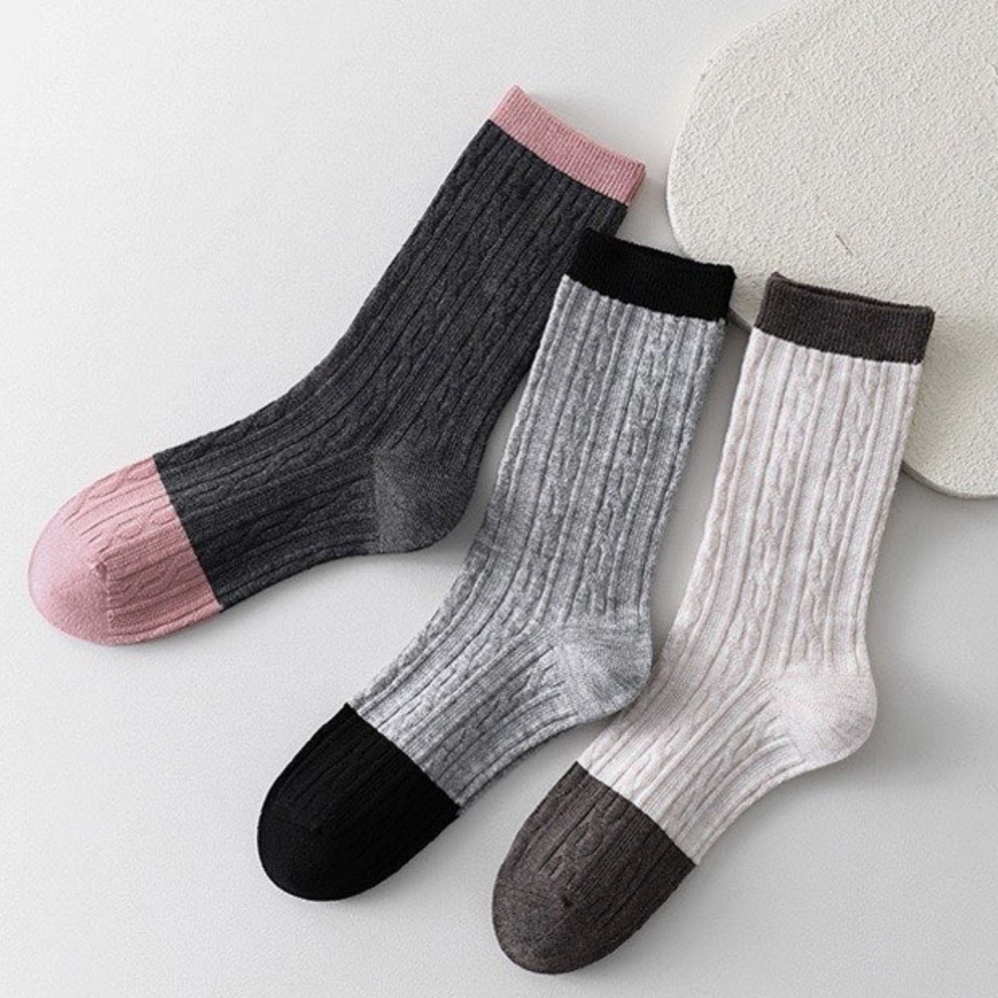 3 Pair Cable Knit Crew Socks with Contrast Color Block Design and Soft Stretch Comfort