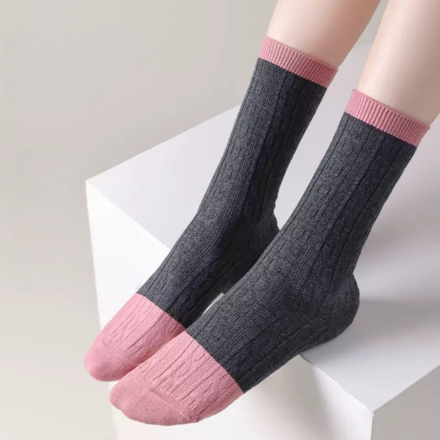 3 Pair Cable Knit Crew Socks with Contrast Color Block Design and Soft Stretch Comfort