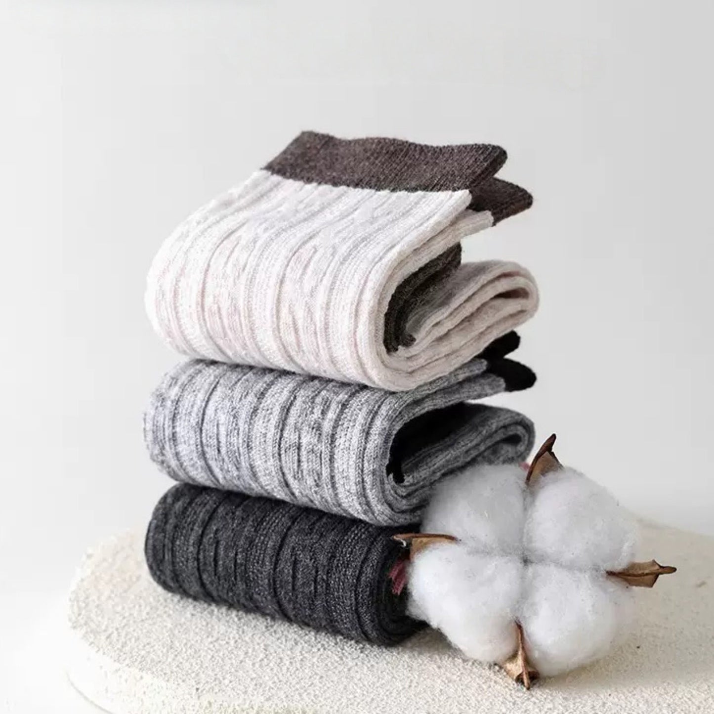 3 Pair Cable Knit Crew Socks with Contrast Color Block Design and Soft Stretch Comfort