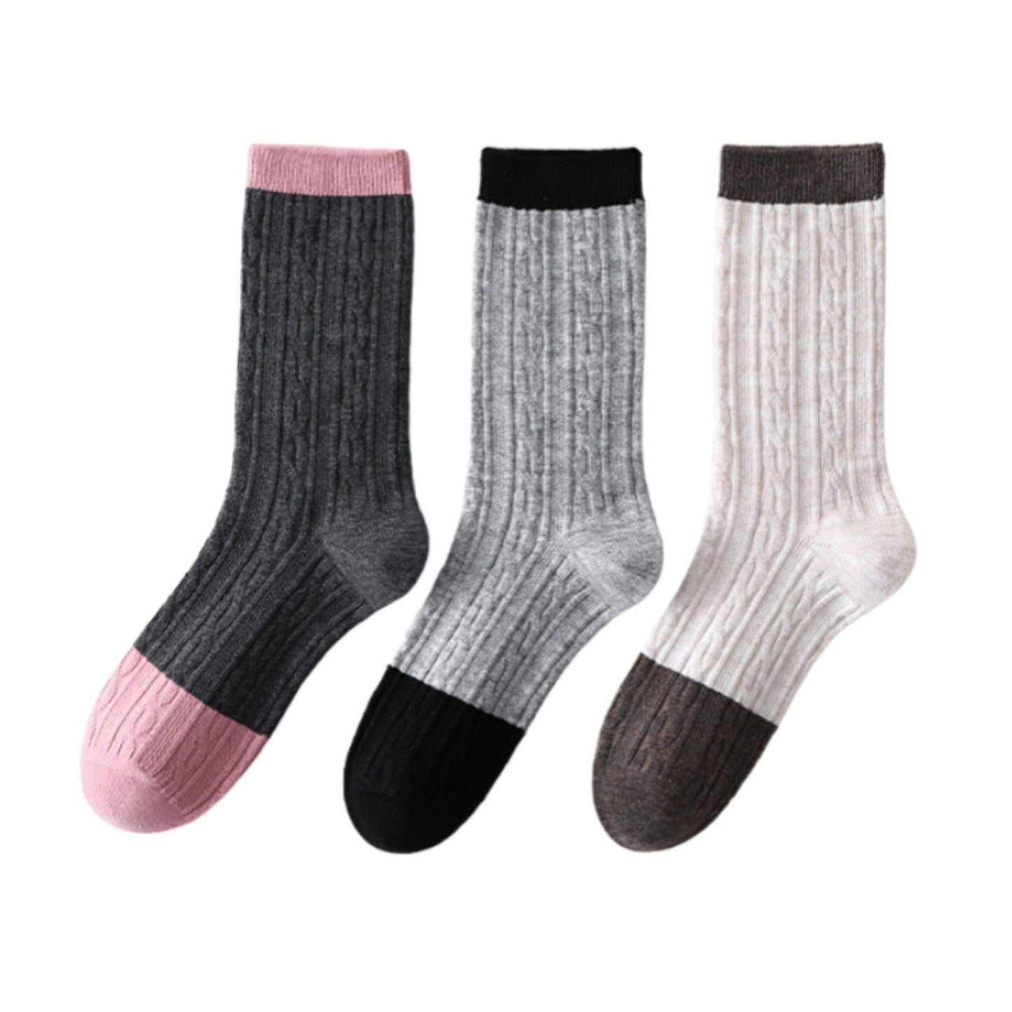 3 Pair Cable Knit Crew Socks with Contrast Color Block Design and Soft Stretch Comfort