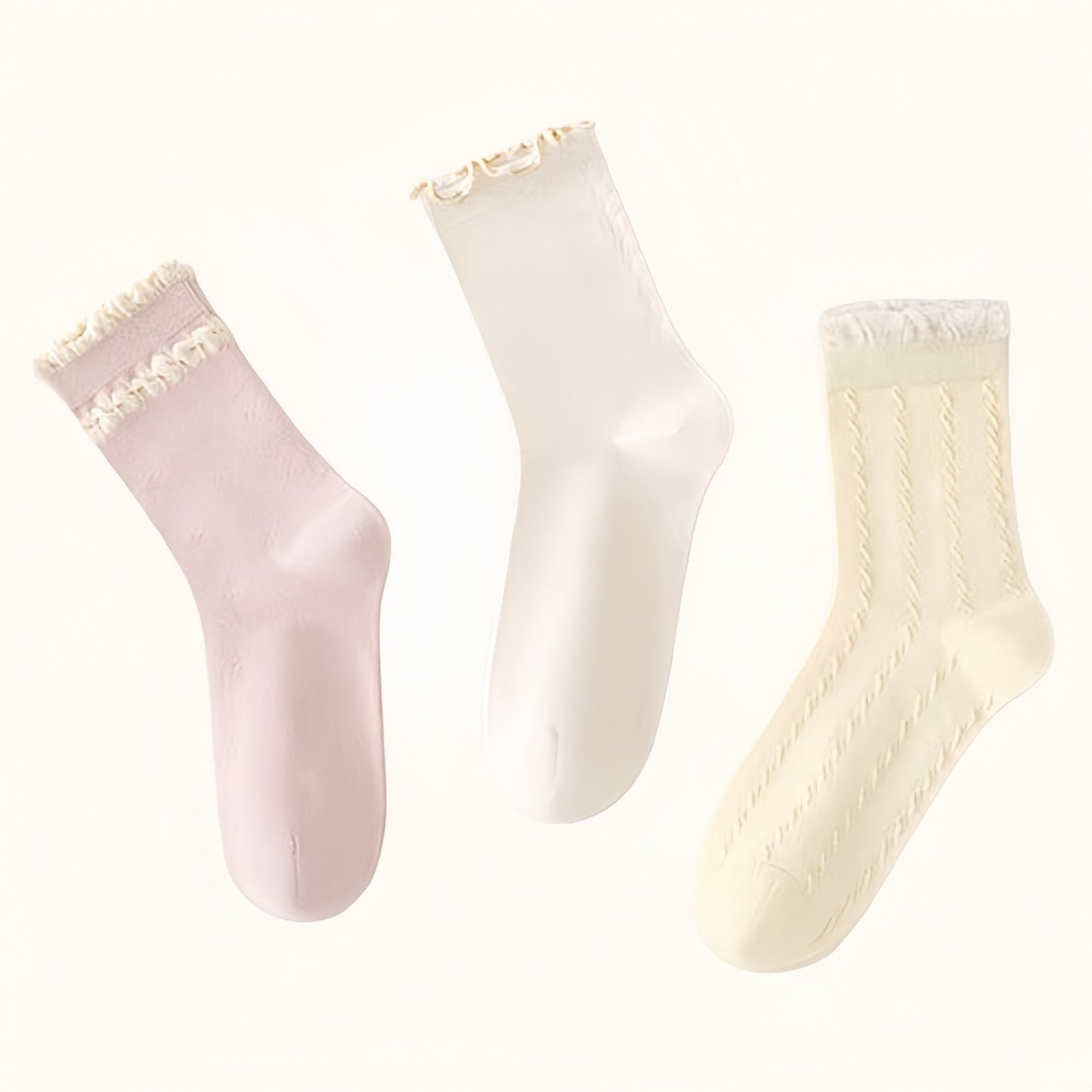 3 Pairs Ruffled Ankle Socks with Scalloped Trim and Soft Knit Fabric