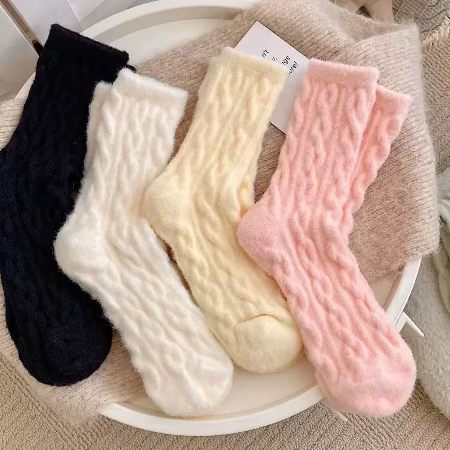 4 Pairs Cable Knit Quarter Socks Soft Stretch Fabric Cozy Everyday Wear