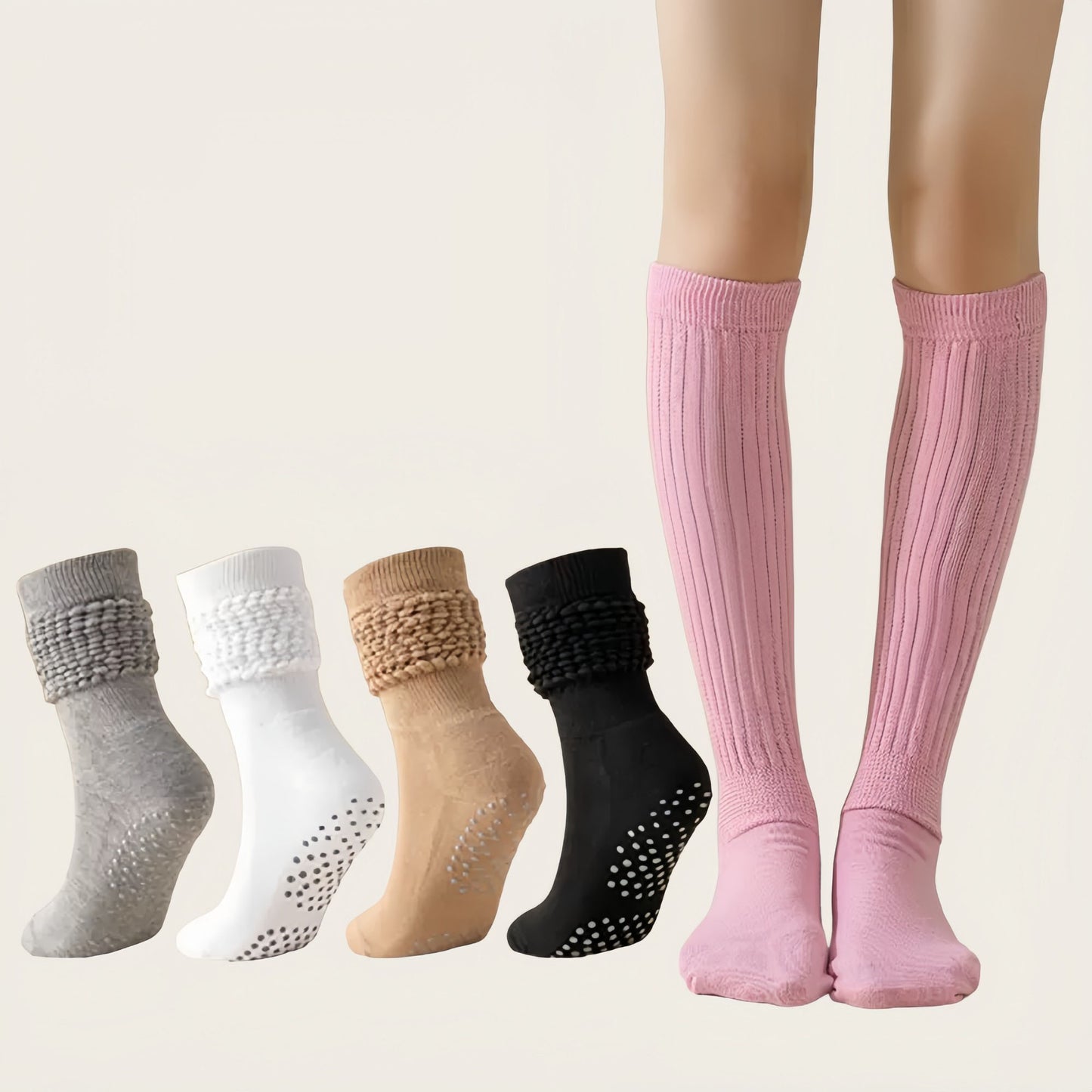 3-Pack Scrunch Grip Socks with Non-Slip Sole Soft Stretch Knit Fabric and Ribbed Ankle Design