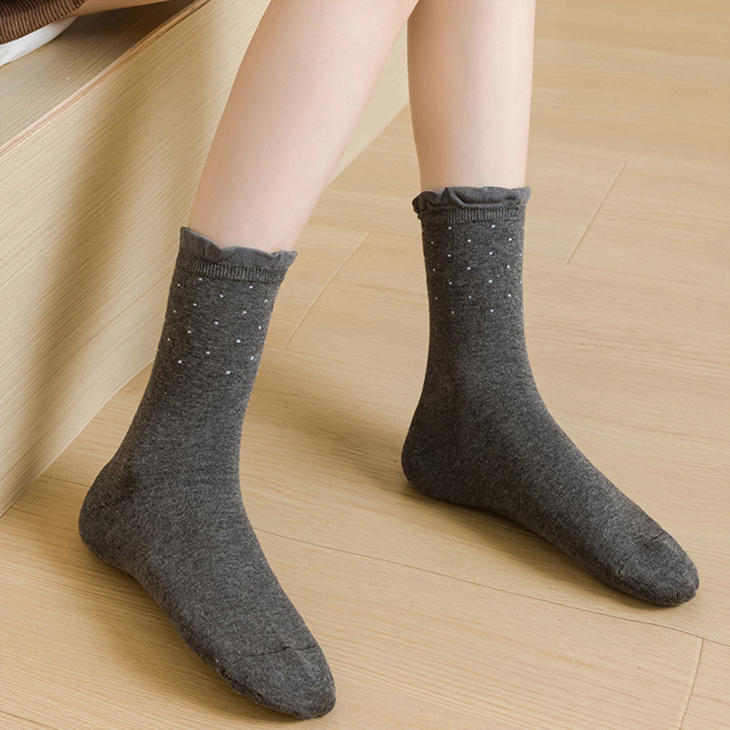 4 Pairs Knit Socks with Polka Dot Design Ruffle Edge Ribbed Cuffs Soft Stretch Fabric