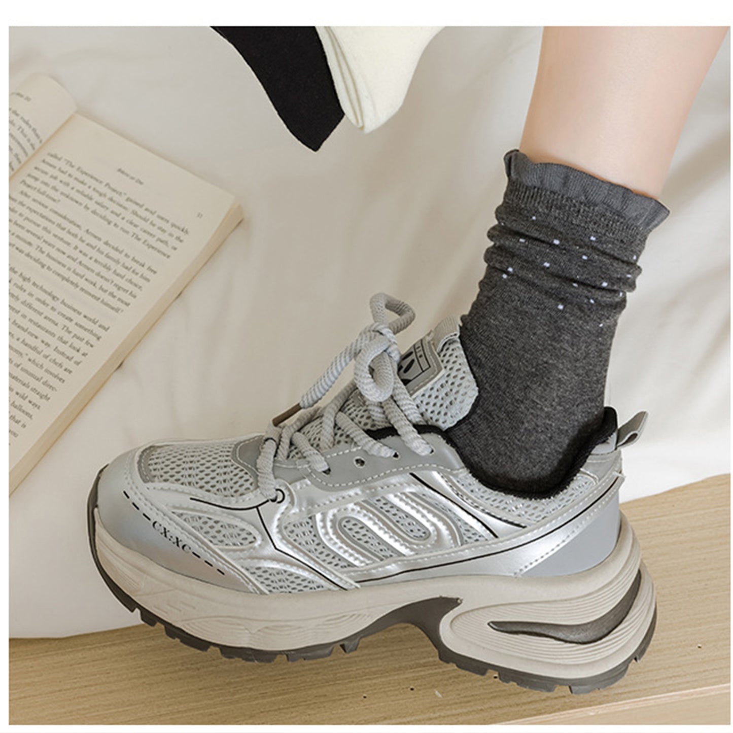 4 Pairs Knit Socks with Polka Dot Design Ruffle Edge Ribbed Cuffs Soft Stretch Fabric