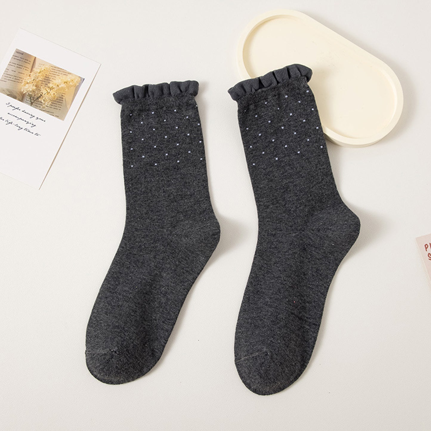 4 Pairs Knit Socks with Polka Dot Design Ruffle Edge Ribbed Cuffs Soft Stretch Fabric