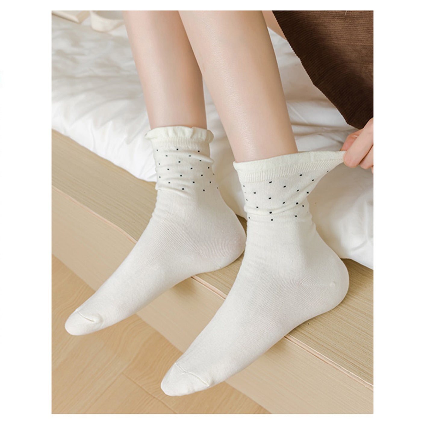 4 Pairs Knit Socks with Polka Dot Design Ruffle Edge Ribbed Cuffs Soft Stretch Fabric