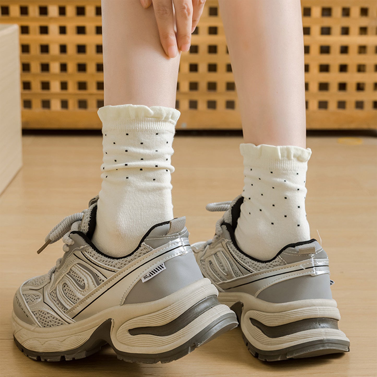 4 Pairs Knit Socks with Polka Dot Design Ruffle Edge Ribbed Cuffs Soft Stretch Fabric