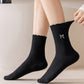 3 Pairs Knit Socks with Waffle Texture Bow Embroidery Ruffled Edge Ribbed Cuffs