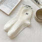 3 Pairs Knit Socks with Waffle Texture Bow Embroidery Ruffled Edge Ribbed Cuffs