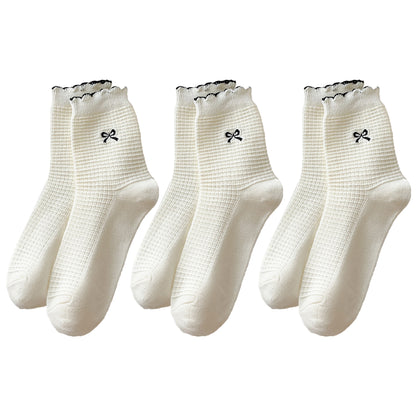 3 Pairs Knit Socks with Waffle Texture Bow Embroidery Ruffled Edge Ribbed Cuffs