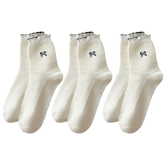 3 Pairs Knit Socks with Waffle Texture Bow Embroidery Ruffled Edge Ribbed Cuffs