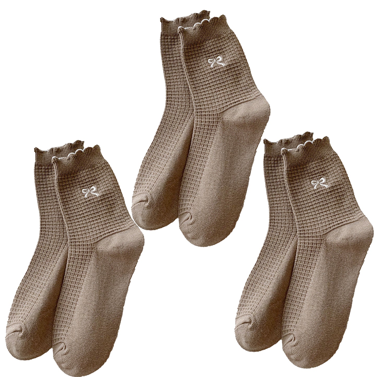 3 Pairs Knit Socks with Waffle Texture Bow Embroidery Ruffled Edge Ribbed Cuffs