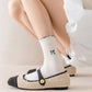 3 Pairs Knit Socks with Waffle Texture Bow Embroidery Ruffled Edge Ribbed Cuffs